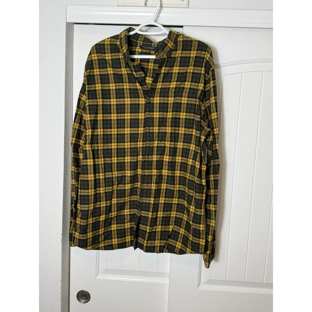 Banana Republic Black &‎ Yellow Soft Flannel Plaid Shirt Untucked Fit Mens XL